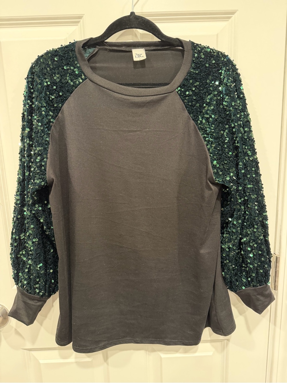 Sew In Love Charcoal Raglan Sweatshirt with Emerald Sequin Sleeves
